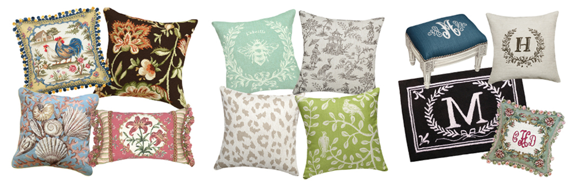 123 Creations Needlepoint, Printed Linen & Monogram Pillows at Sedlak Interiors